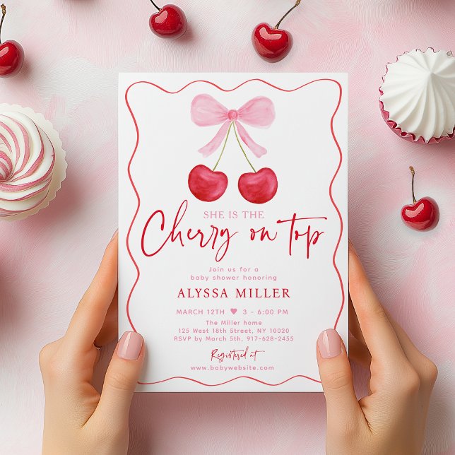Pink Bow Cherry on Top Baby Shower Invitation (Creator Uploaded)