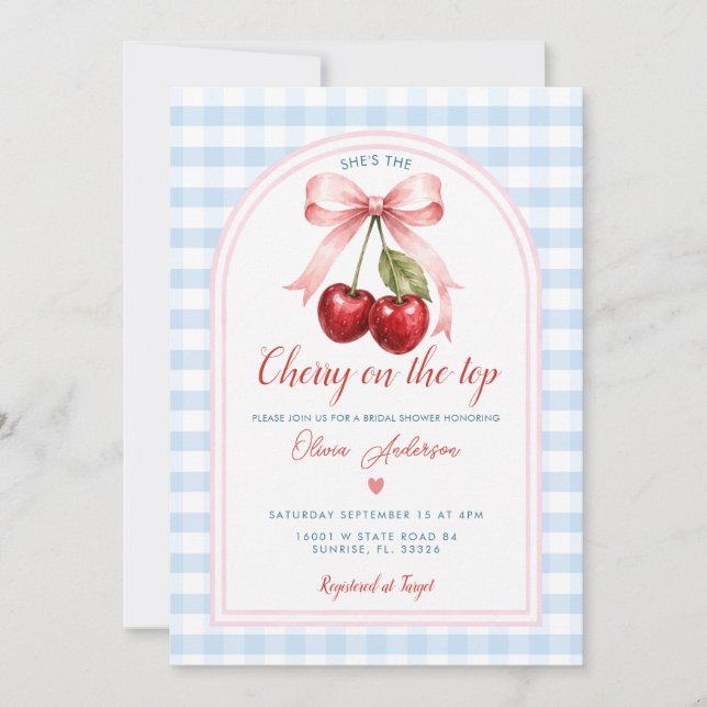 Pink Bow Cherry on Top Bridal Shower Blue Gingham Invitation (Front)