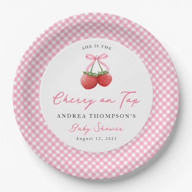 Pink Bow Cherry on Top Gingham Baby Shower   Paper Plate (Front)