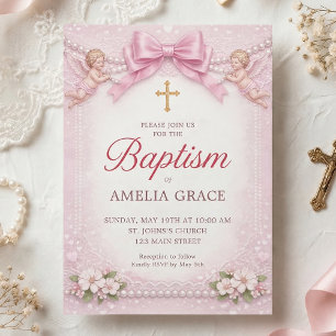 Pink Bow Cherub Baptism Floral Frame Invitation