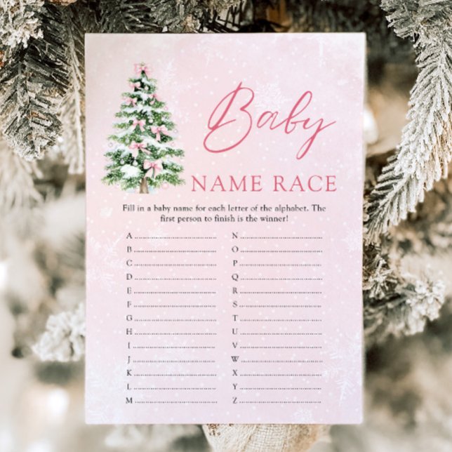 Pink Bow Christmas Baby Name Race Baby Shower Game Invitation (Pink Bow Christmas Baby Name Race Baby Shower Game)