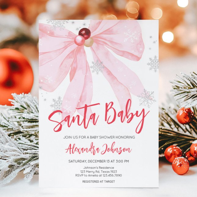 Pink Bow Christmas Baby Shower Invitation (Pink Bow Christmas Santa Baby Baby Shower Invitation)
