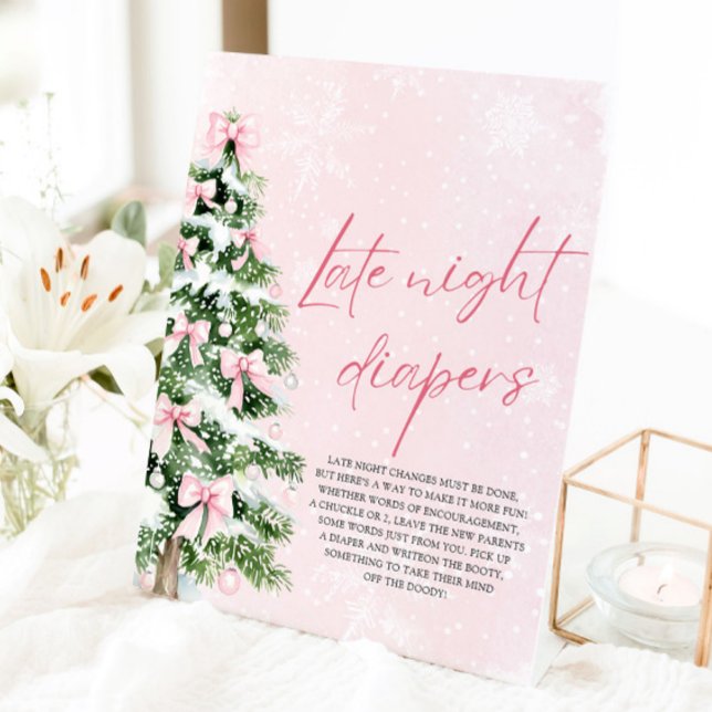 Pink Bow Christmas Baby Shower Late Night Diapers  Pedestal Sign (Pink Bows Christmas Baby Shower Late Night Diapers Game Sign)