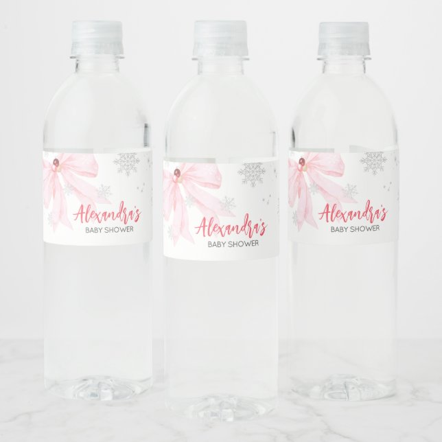 Pink Bow Christmas Baby Shower Water Bottle Label (Bottles)