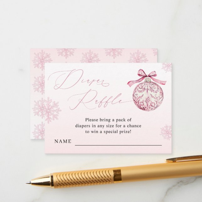 Pink Bow Christmas Ball Winter Girl Diaper Raffle Enclosure Card (Front/Back In Situ)
