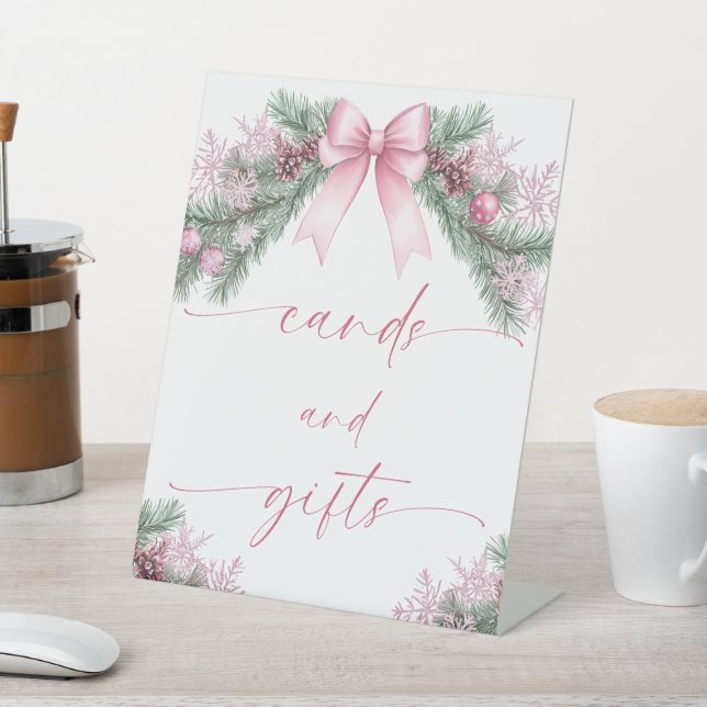 Pink Bow Christmas Cards and Gifts Pedestal Sign (In SItu)