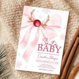 Pink Bow Christmas Snowflakes Baby Shower Invitation