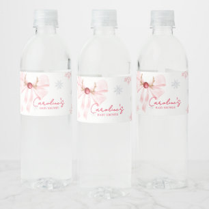 Pink Bow Christmas Snowflakes Baby Shower Water Bottle Label
