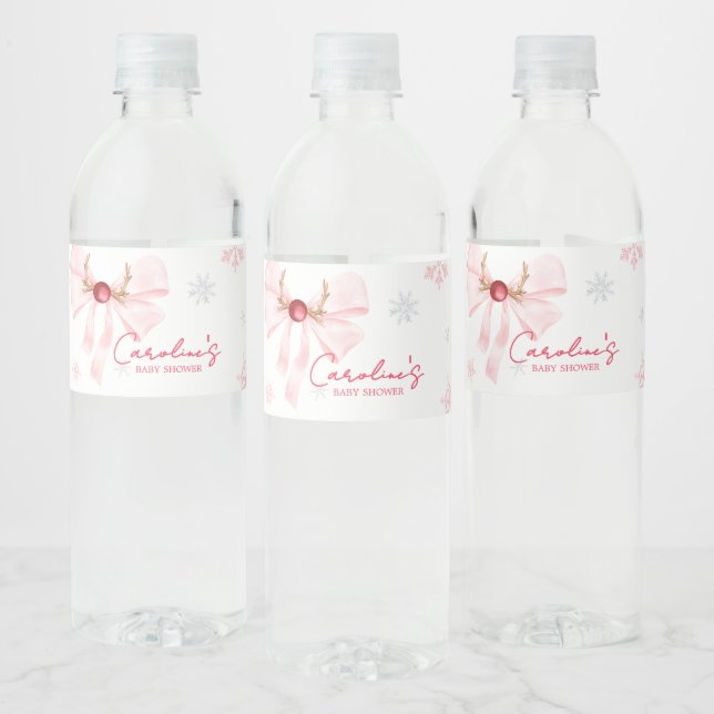Pink Bow Christmas Snowflakes Baby Shower Water Bottle Label (Bottles)