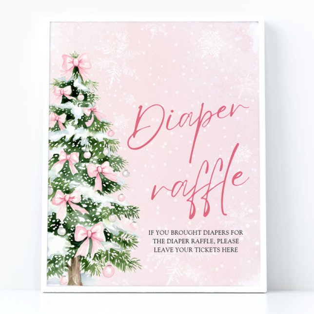 Pink Bow Christmas Tree Baby Shower Diaper Raffle  Poster (Pink Bow Christmas Tree Baby Shower Diaper Raffle Sign)