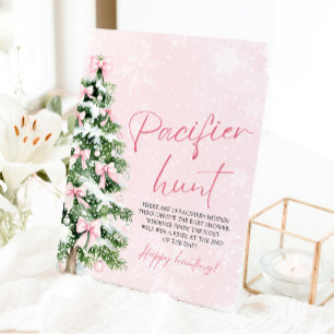 Pink Bow Christmas Tree Baby Shower Pacifier Hunt Pedestal Sign