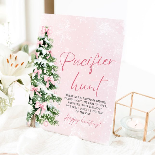 Pink Bow Christmas Tree Baby Shower Pacifier Hunt Pedestal Sign (Pink Bow Christmas Tree Baby Shower Pacifier Hunt Game Sign)