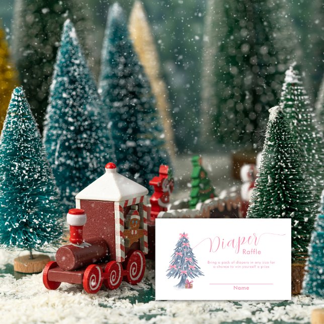 Pink Bow Christmas Tree Diaper Raffle Baby Shower  Enclosure Card (Pink Bow Christmas Tree Diaper Raffle Baby Shower Enclosure Card)