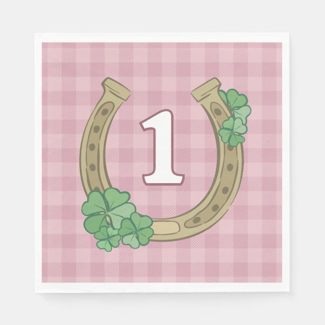 Pink Bow Clover Lucky One Girl 1st Birthday Napkin (Front)