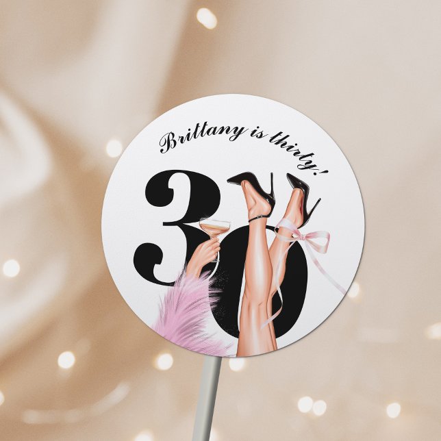 Pink Bow & Cocktails Coquette Modern 30th Birthday Classic Round Sticker (Creator Uploaded)