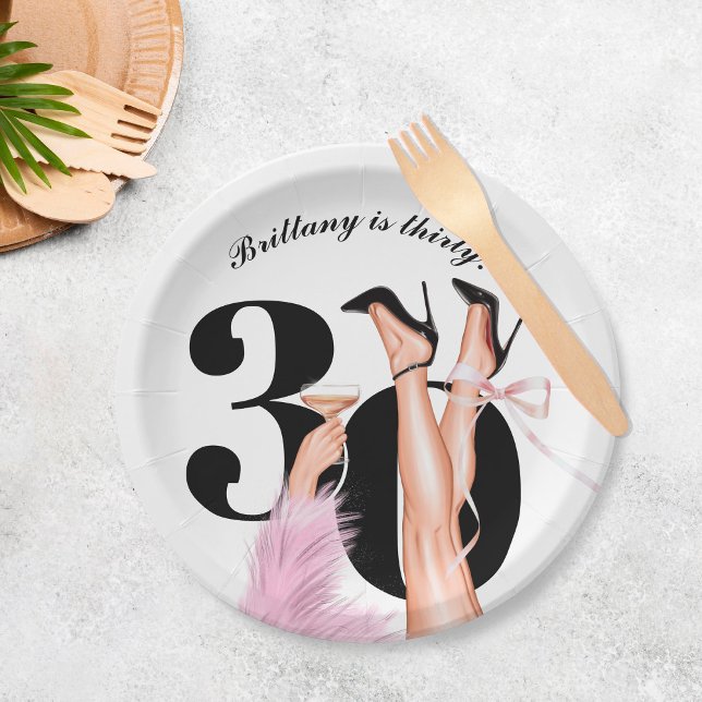 Pink Bow & Cocktails Coquette Modern 30th Birthday Paper Plate (Creator Uploaded)