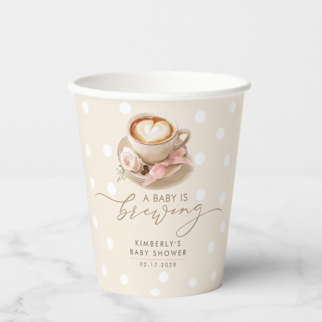 Pink Bow Coffee Baby Is Brewing Girl Baby Shower Paper Cups (Front)