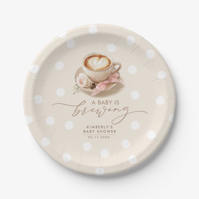 Pink Bow Coffee Baby Is Brewing Girl Baby Shower Paper Plate (Front)