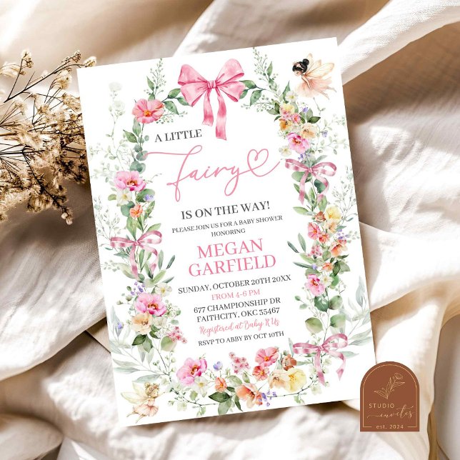 Pink Bow Colourful Spring Floral Fairy Baby Shower Invitation (Creator Uploaded)