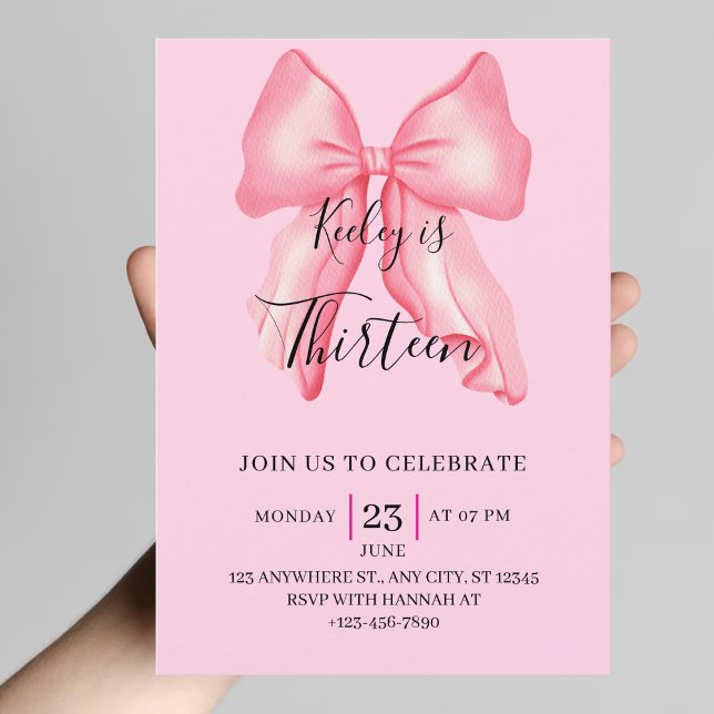 Pink Bow Coquette 10th 14th 18th 20 Birthday Girls Invitation (Creator Uploaded)