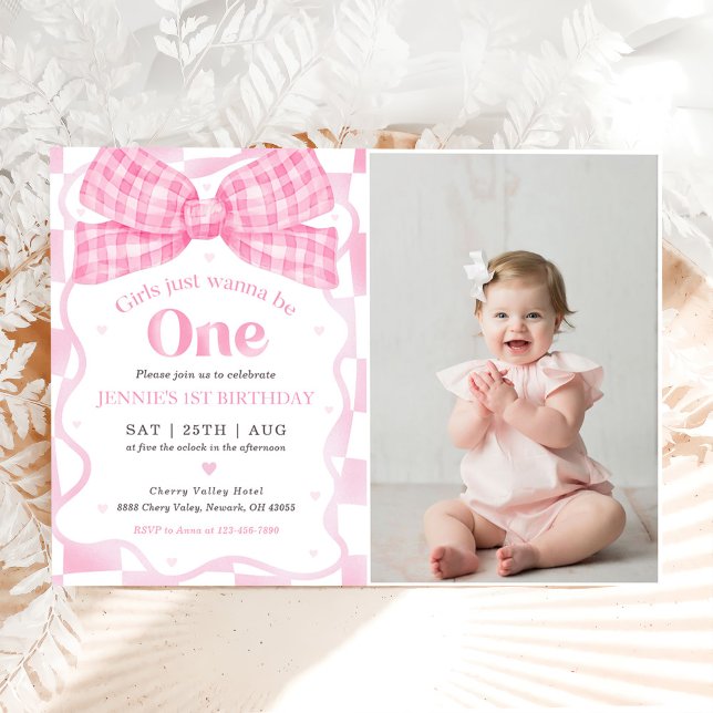 Pink Bow Coquette 1st Birthday Party Photo Invitation (Creator Uploaded)
