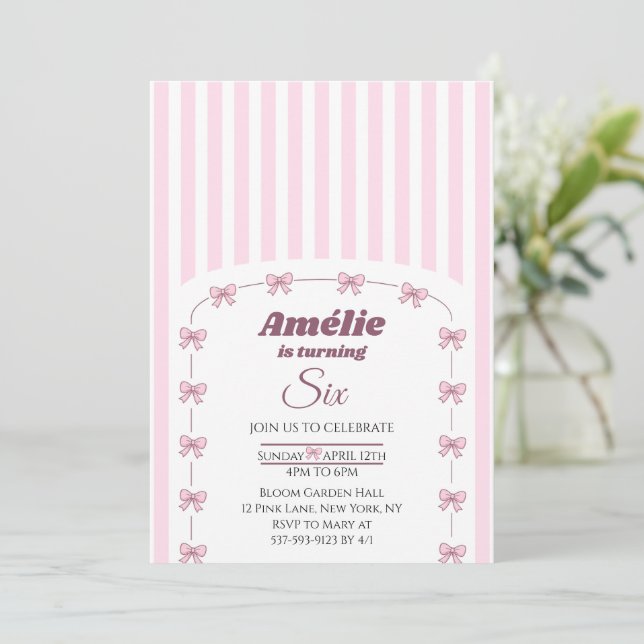 Pink Bow Coquette Aesthetic Girl 6th Birthday Invitation (Standing Front)
