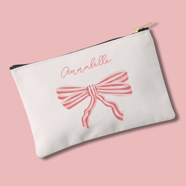 Pink Bow Coquette aesthetic with name Accessory Pouch (Coquette Pink bow pouch, personalize with your own name or choice of text.)