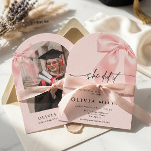 Pink Bow Coquette Arched Photo Graduation Party Invitation