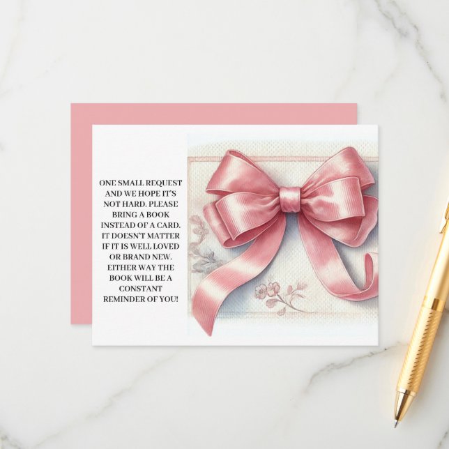 Pink Bow Coquette Baby shower Books for Baby Enclosure Card (Front/Back In Situ)