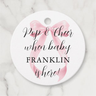 Pink Bow Coquette Baby Shower Champagne Favour Tags