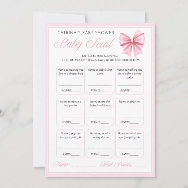 Pink Bow Coquette Baby Shower - Editable Name, 5x7 Invitation (Front)