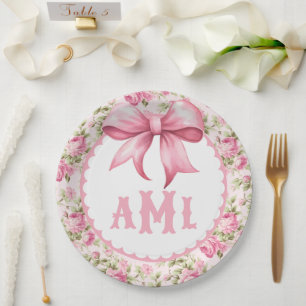Pink Bow Coquette Baby Shower Monogram Paper Plate
