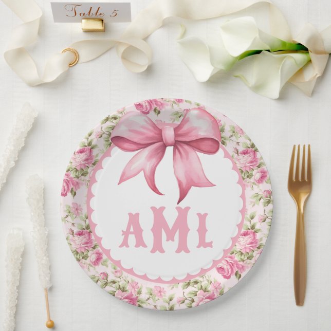 Pink Bow Coquette Baby Shower Monogram Paper Plate (Wedding)
