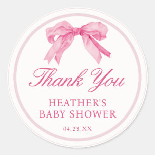 Pink Bow Coquette Baby Shower Thank You Classic Round Sticker