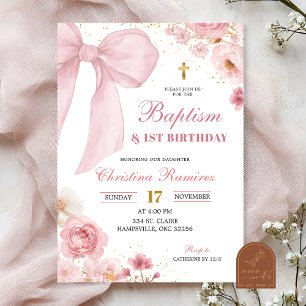 Pink Bow coquette Baptism & First Birthday  Invitation