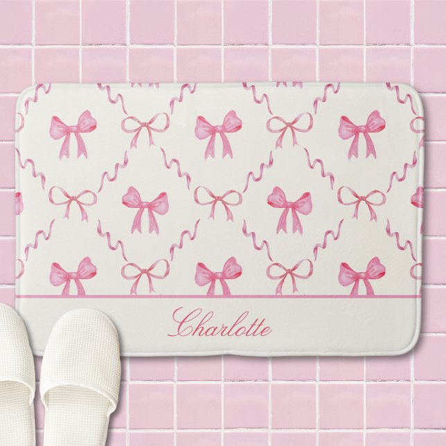 Pink Bow Coquette Bath Mat (pink coquette bow calligraphy script bathmat with custom name, cute personalized gift for her)