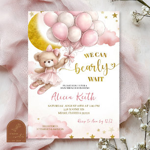 Pink Bow Coquette Bear and balloon Girl Baby Showe Invitation