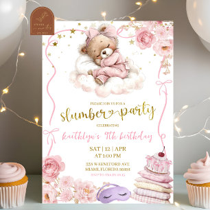  Pink Bow Coquette Bear Girl Slumber Party Birthda Invitation