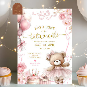 Pink Bow Coquette Bear Tutu Cute Birthday invitati Invitation