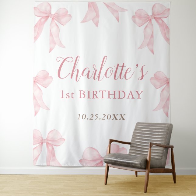 Pink Bow Coquette Birthday Backdrop Tapestry (In Situ)