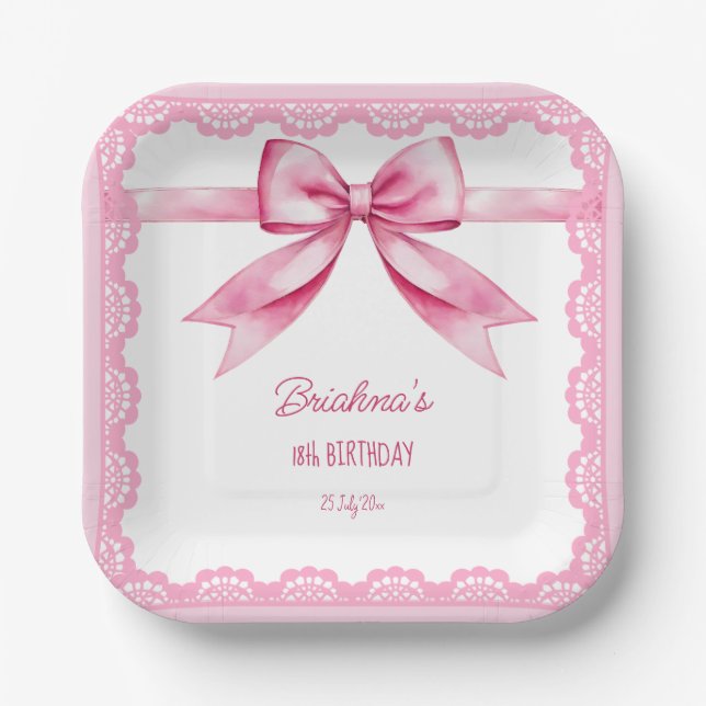 Pink bow coquette birthday party printed paper plate (Front)