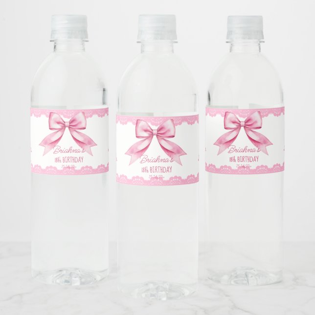 Pink bow coquette birthday party printed water bottle label (Bottles)