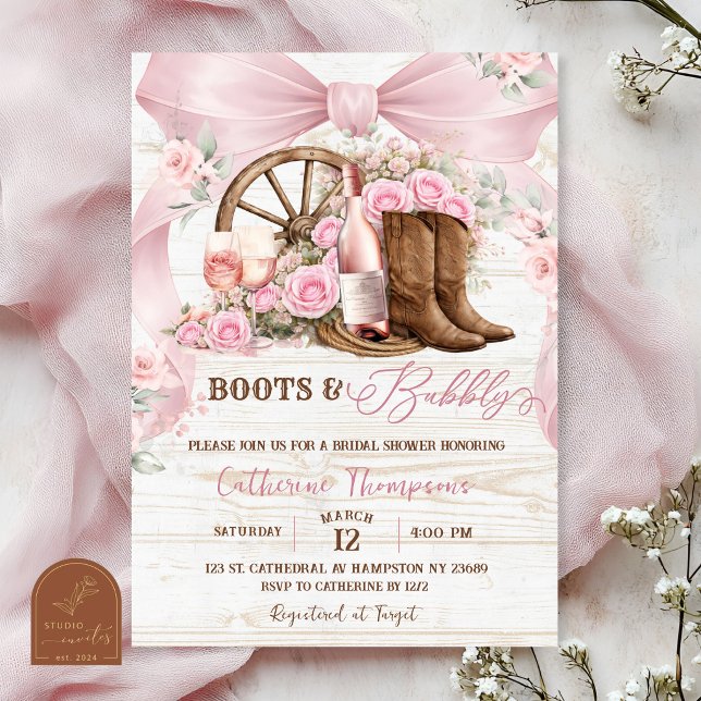 Pink Bow Coquette Boots and Bubbly Bridal Shower Invitation (Creator Uploaded)