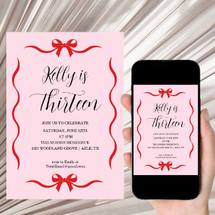 Pink Bow Coquette Bow Birthday Invitation, 13th Invitation