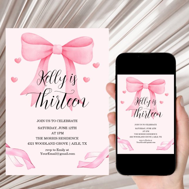 Pink Bow Coquette Bow Birthday Invitation, 13th Invitation (Creator Uploaded)
