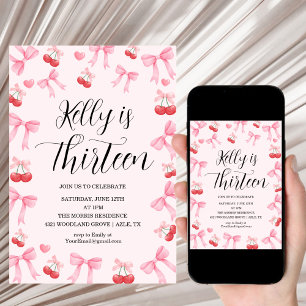 Pink Bow Coquette Bow Cherry Birthday, 13th Invitation