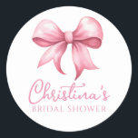 Pink Bow Coquette Bridal Shower Classic Round Sticker<br><div class="desc">These stickers feature a bow and a place to personalise with a name.</div>