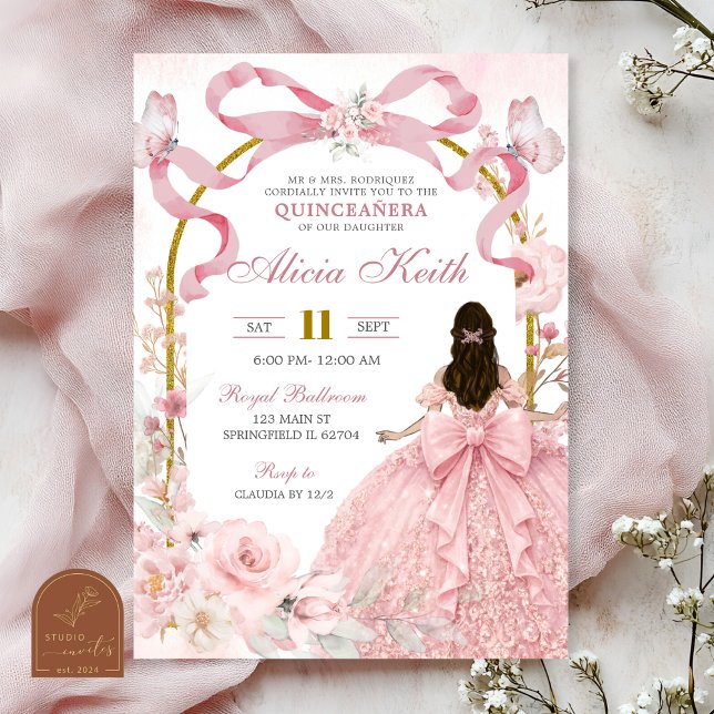 Pink Bow Coquette Butterfly Quinceanera Invita Invitation (Creator Uploaded)