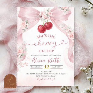 Pink Bow Coquette  Cherry on Top Baby Shower Invit Invitation