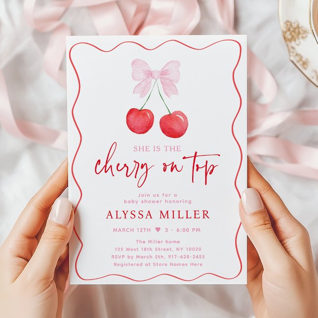 Pink Bow Coquette Cherry on Top Baby Shower Invitation (Creator Uploaded)